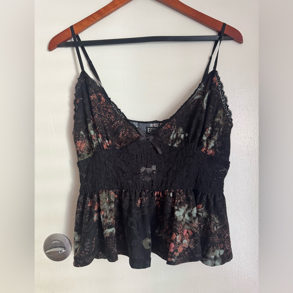 Ecote Floral Lace Trim Black Top Whimsigoth Feminine Babydoll - Picture 4 of 9